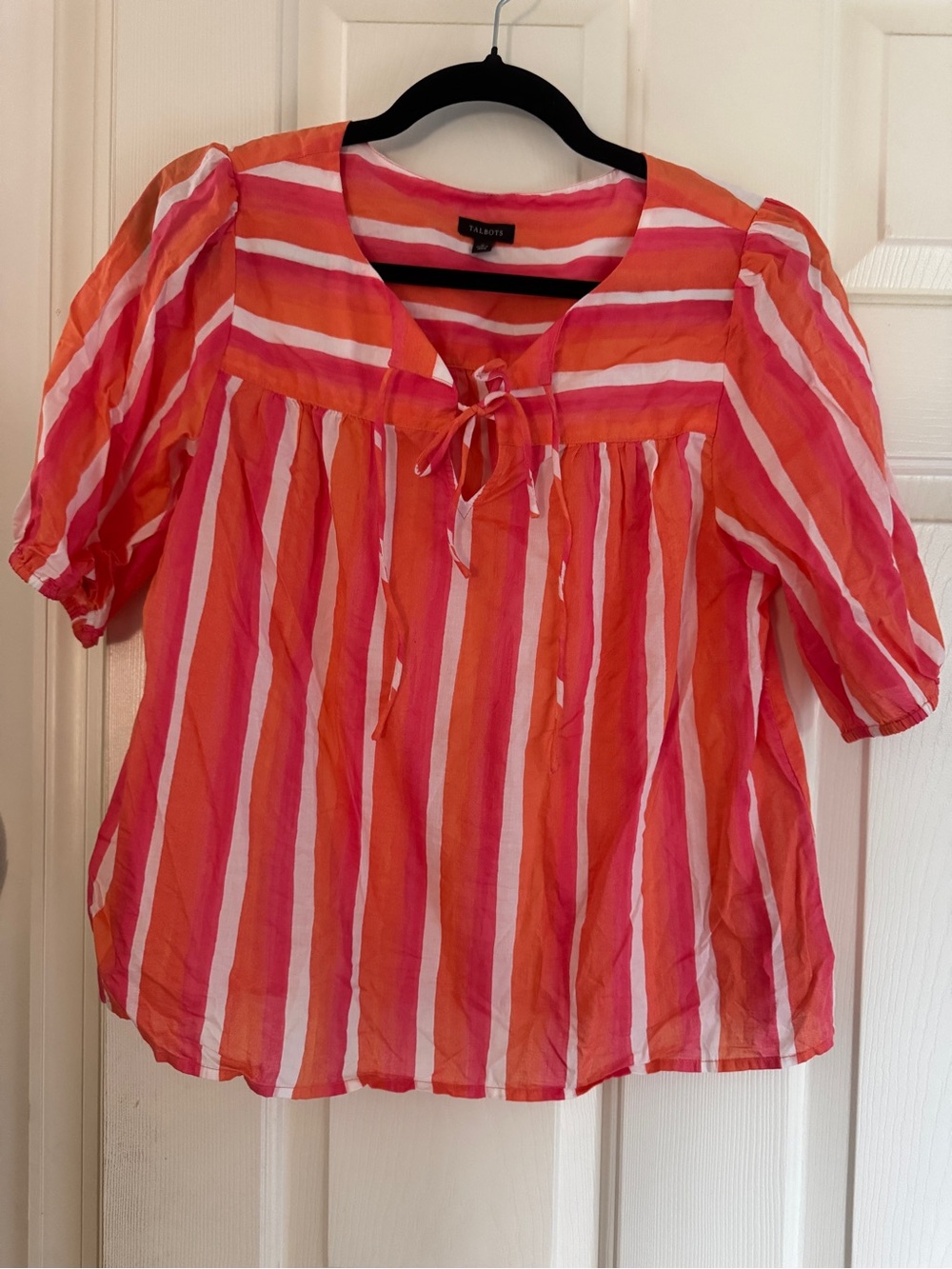 Talbots Pink and Orange Striped Tie-Neck Blouse